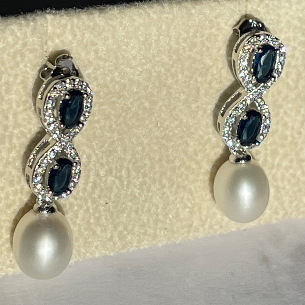 925S Blue Gemstones Stud Earrings With Cultured Freshwater Pearl and Zirconia - Picture 9 of 16